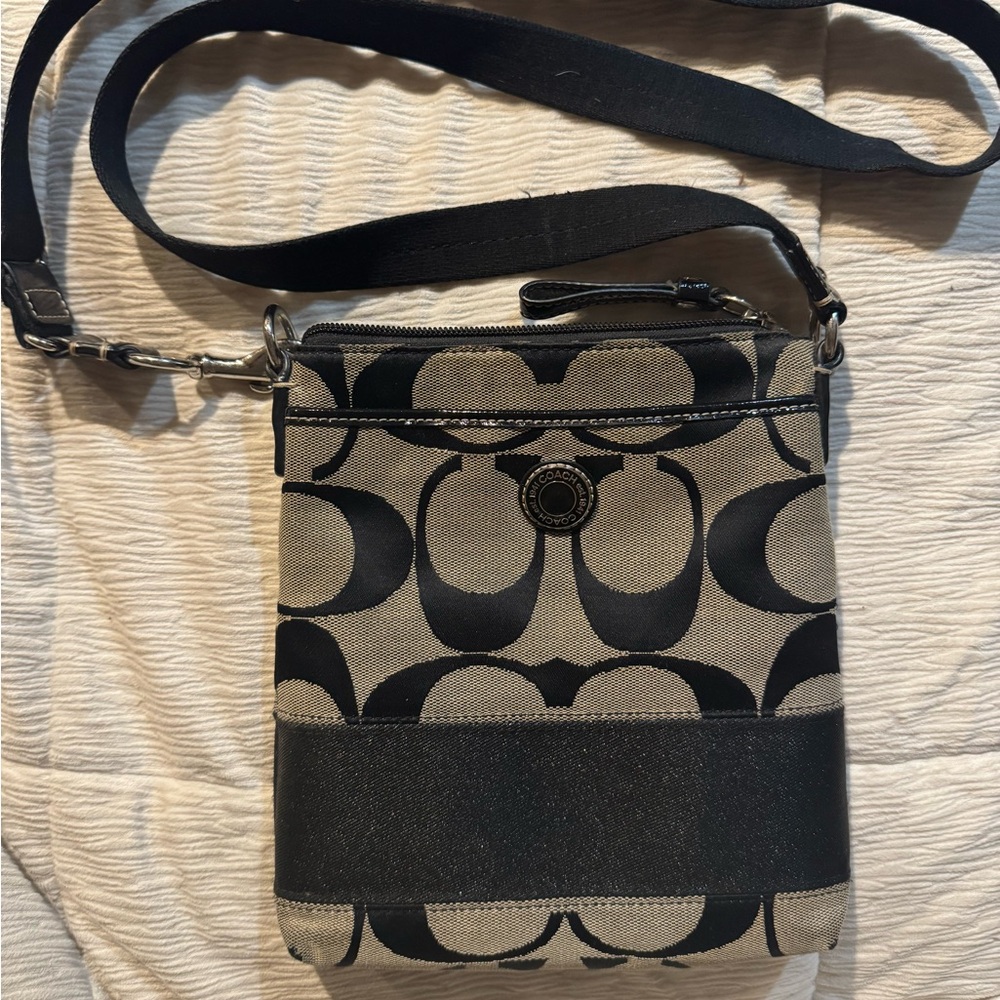 Coach Black and Gray (Taupe) Crossbody Bag with Signature Monogram, EUC Purse